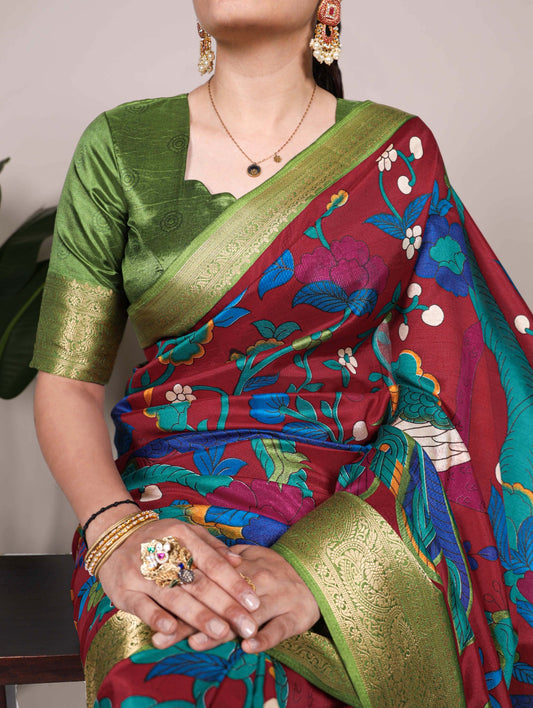 Tasar Silk Printed Saree with Zari Work | Unstitched Blouse