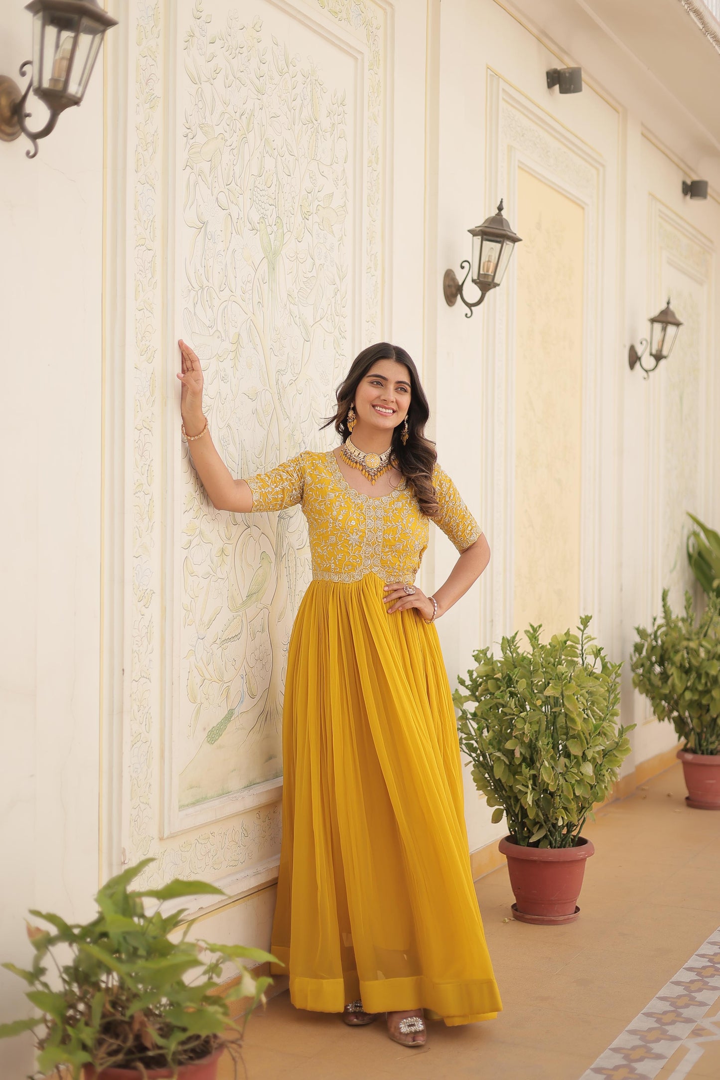 Designer Embroidered Gown for Women | Zari & Sequins Work (Yellow)