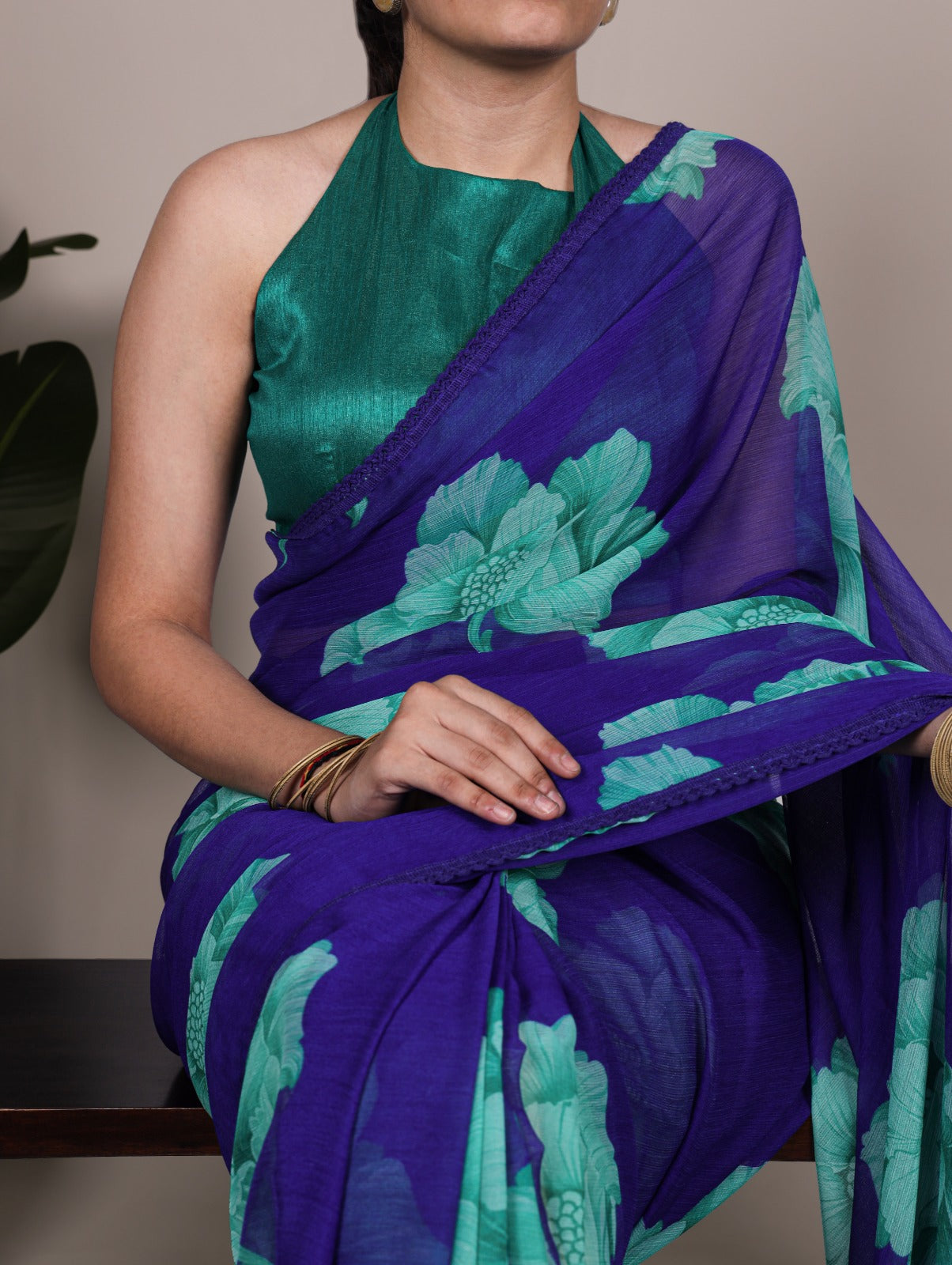 Chiffon Floral Print Saree with Lace Border | Unstitched Blouse