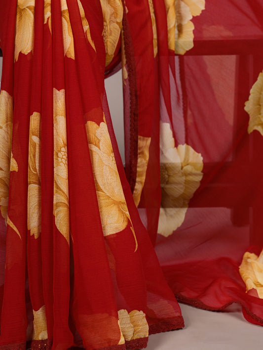 Chiffon Floral Print Saree with Lace Border | Unstitched Blouse