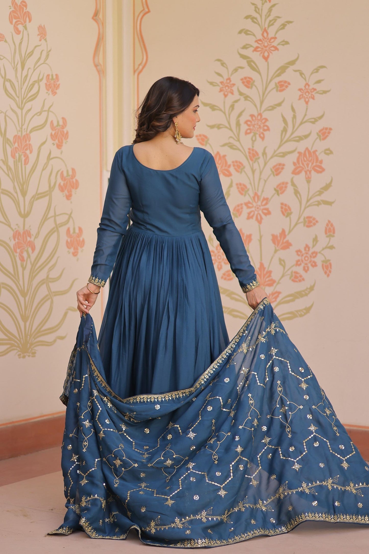 Premium Star Georgette Embroidered Gown with Dupatta