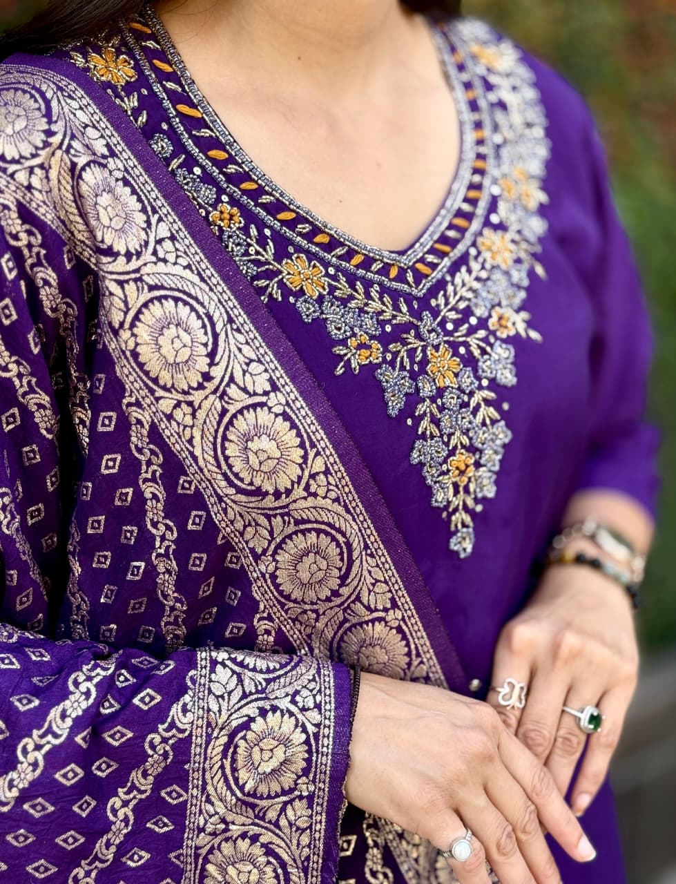 Purple Roman Silk Kurti Pant Dupatta Set with Handwork Detailing