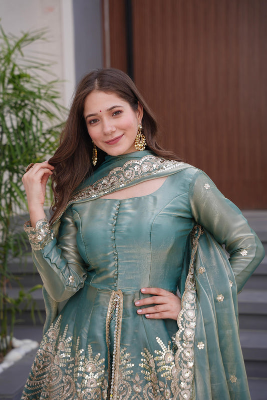 Designer Sharara Gown Set in Heavy Two Tone Fendy Satin Silk