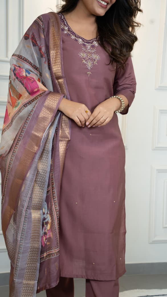 Burgundy Roman Silk Kurti Pant Dupatta Set with Hand Work