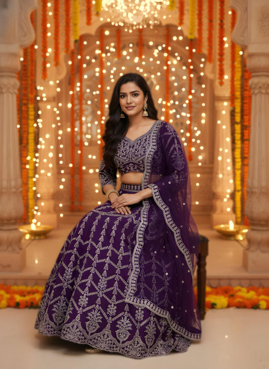🌼 Designer Lehenga Choli – (Rich Wine Embroidered Set) 🌼