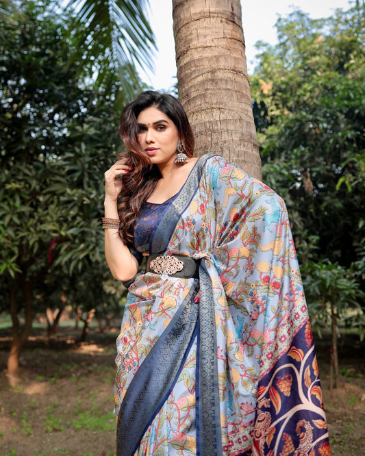 🌸 Elegant Tussar Silk Saree – Sky Blue & Navy Blue Designer Edition 🌸