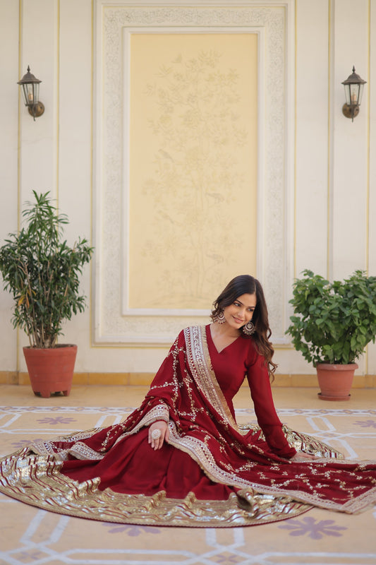 💃🏽 Premium Designer Readymade Gown with Dupatta – Maroon Elegance 💃🏽