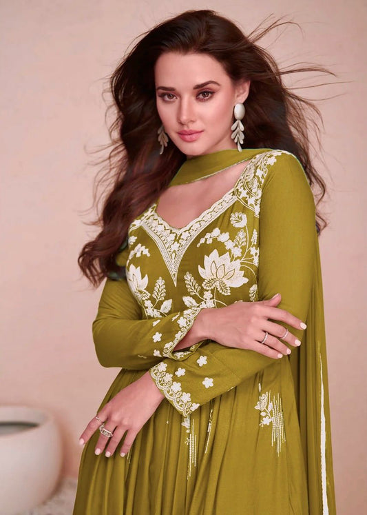 👗 Premium Chinon Silk 3-Piece Anarkali Gown Set with Embroidered Plazzo & Dupatta