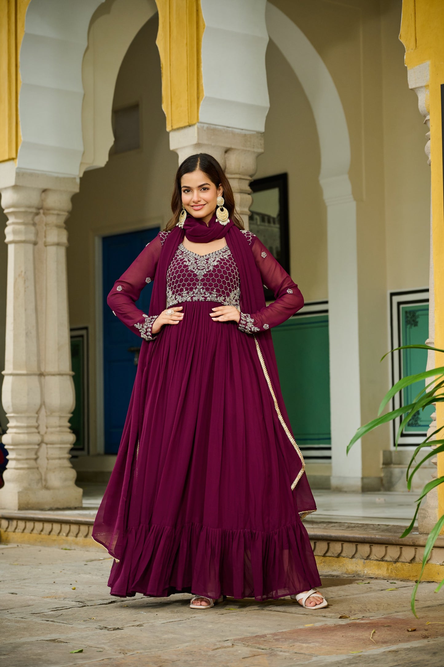๐ Premium Designer Readymade Gown with Dupatta โ Wine Elegance Collection ๐