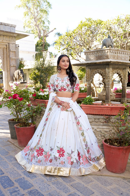 White Georgette Lehenga Choli with Sequins & Embroidery