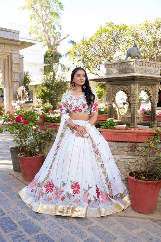 White Georgette Lehenga Choli with Sequins & Embroidery