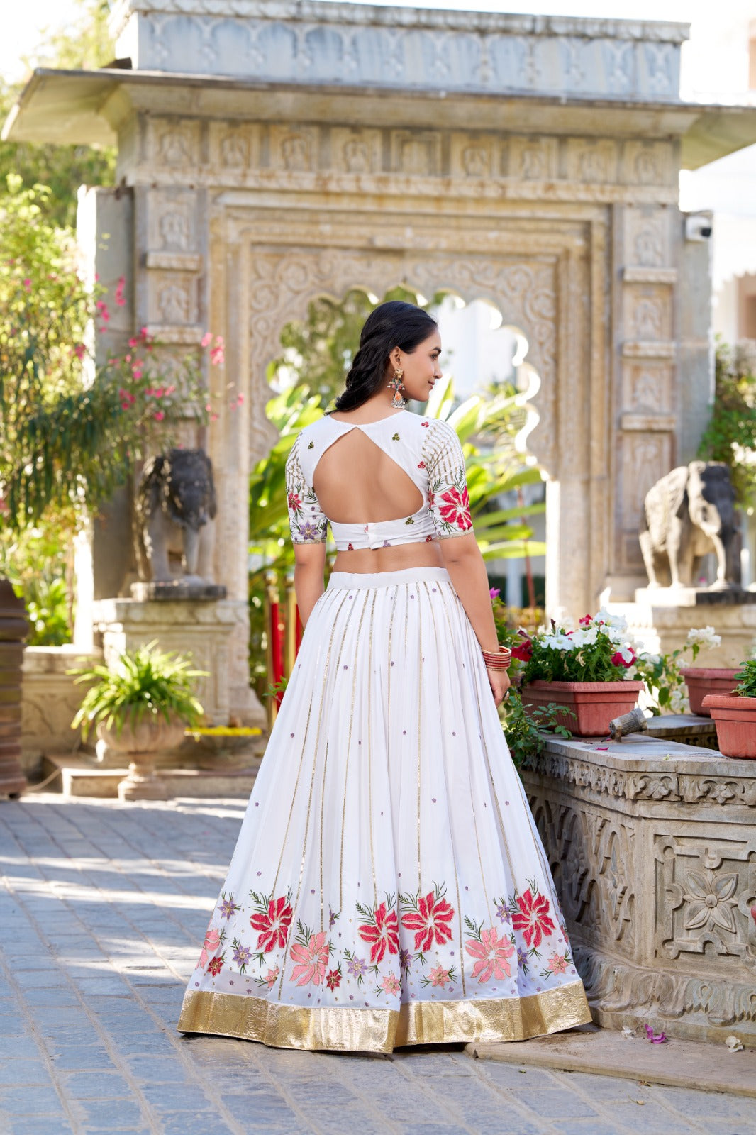 White Georgette Lehenga Choli with Sequins & Embroidery