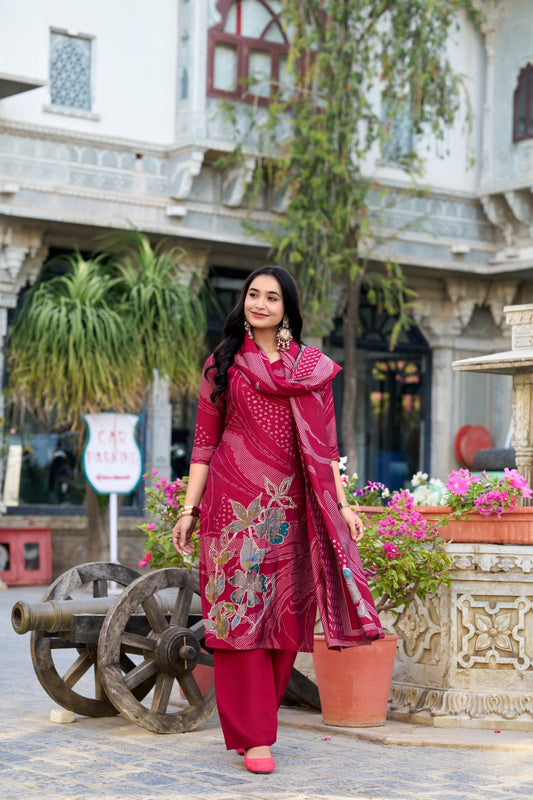 Roman Silk Ethnic Salwar Suit with Beads & Floral Print