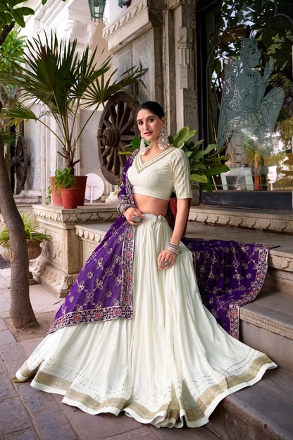 White Rayon Lehenga Choli Set | Zari & Sequin Work