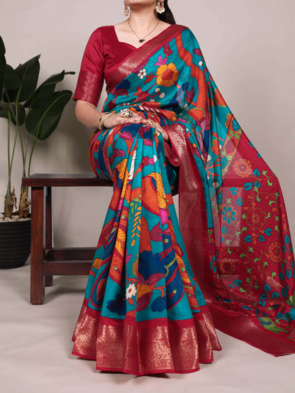 Tasar Silk Printed Saree with Zari Work | Unstitched Blouse