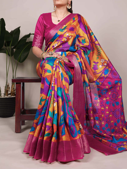 Tasar Silk Printed Saree with Zari Work | Unstitched Blouse