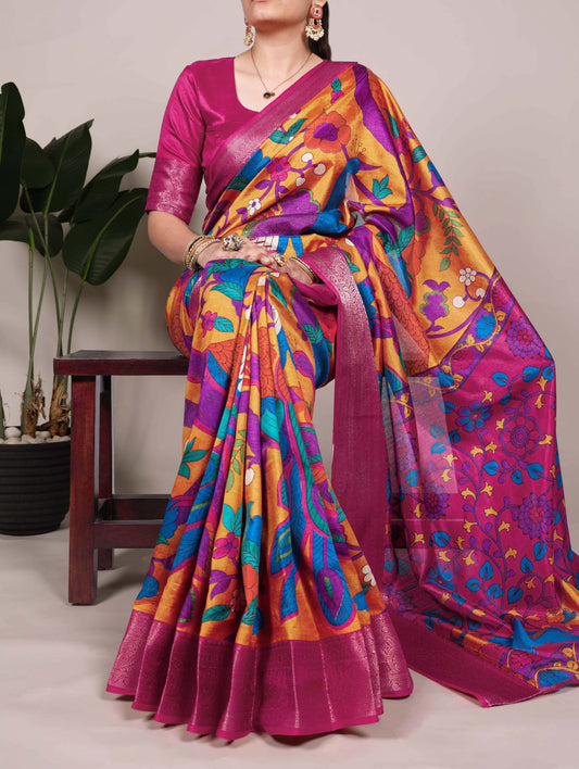 Tasar Silk Printed Saree with Zari Work | Unstitched Blouse