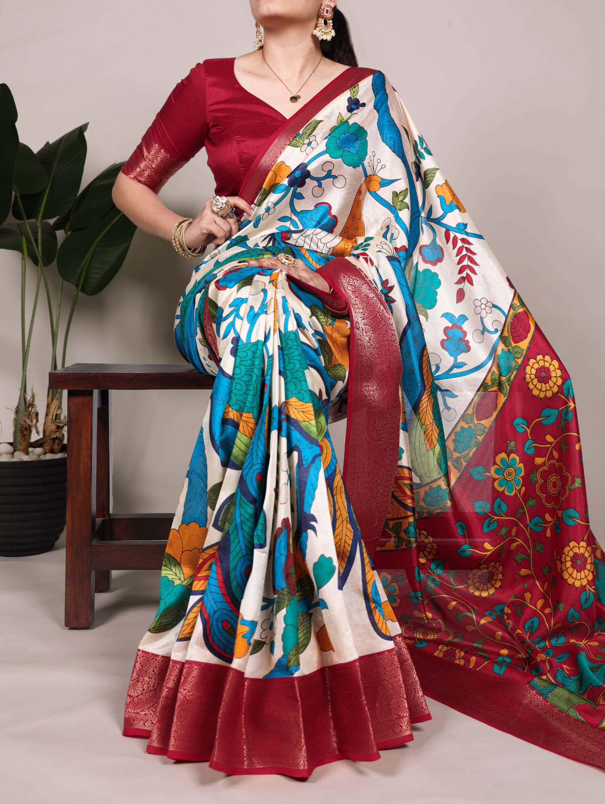 Tasar Silk Printed Saree with Zari Work | Unstitched Blouse