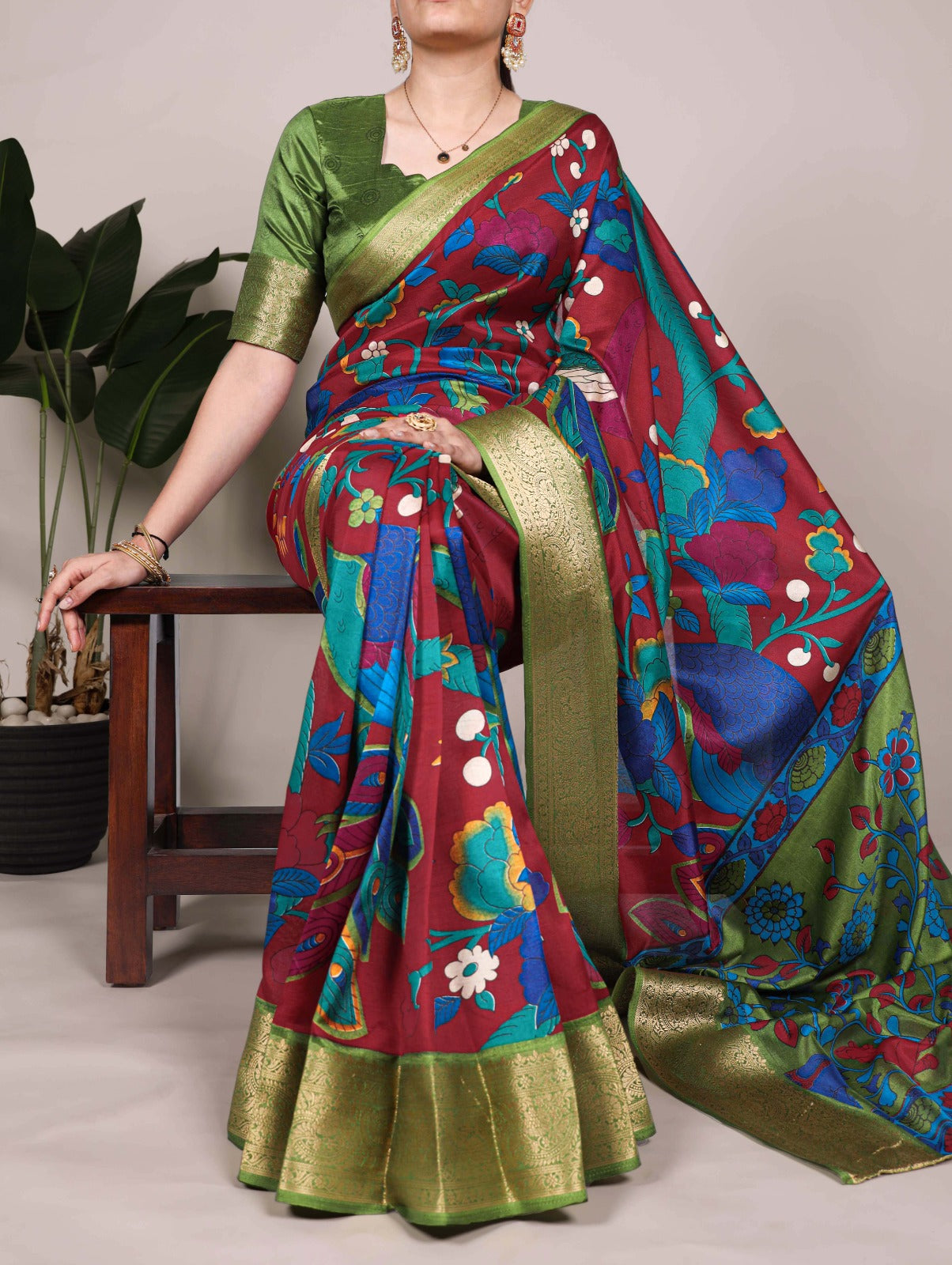 Tasar Silk Printed Saree with Zari Work | Unstitched Blouse