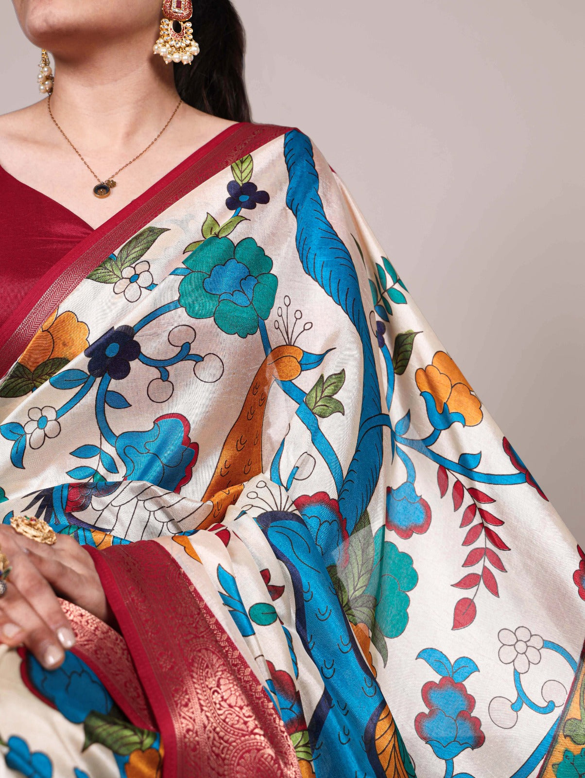 Tasar Silk Printed Saree with Zari Work | Unstitched Blouse
