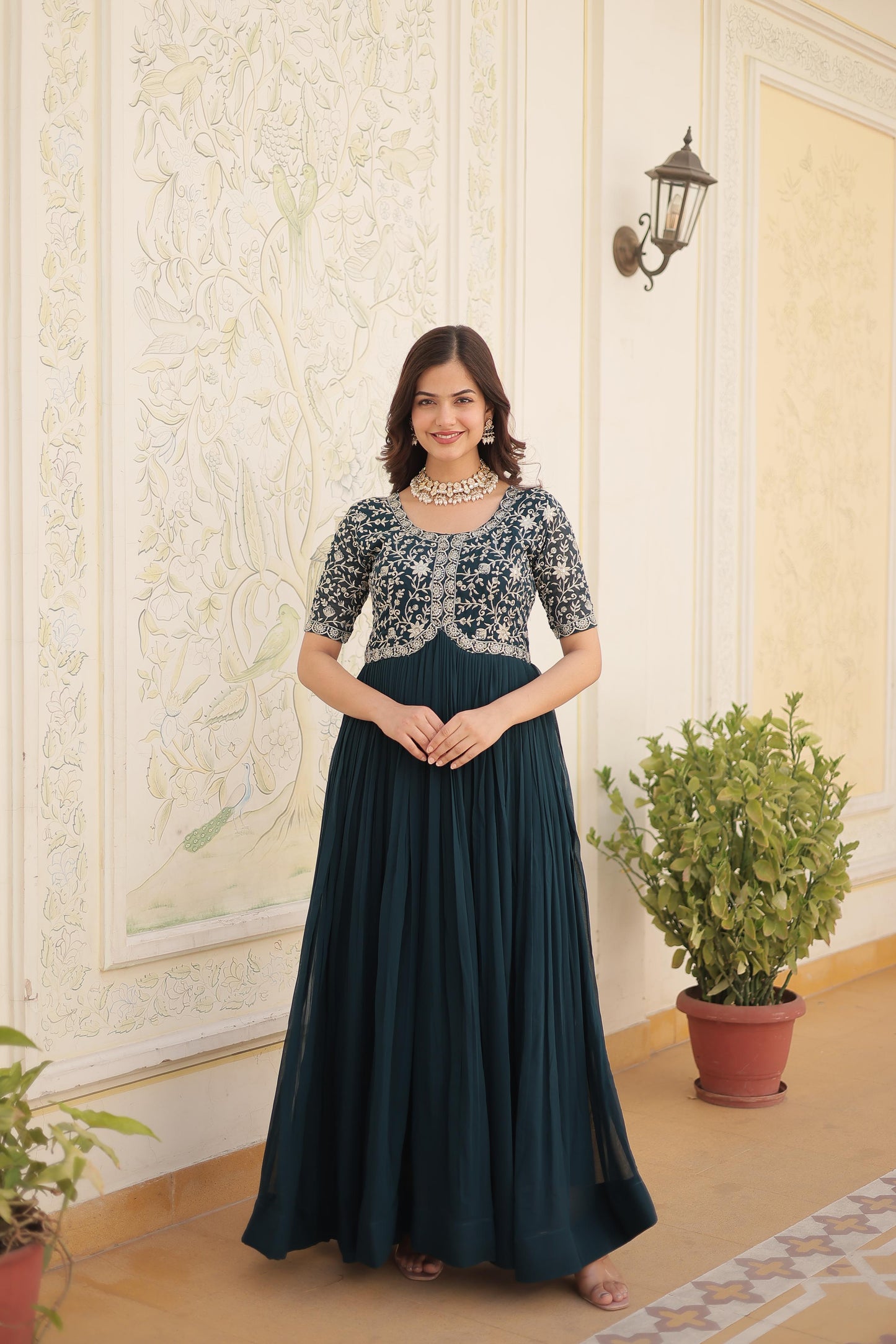 Designer Embroidered Gown for Women | Zari & Sequins Work (TEAL BLUE)