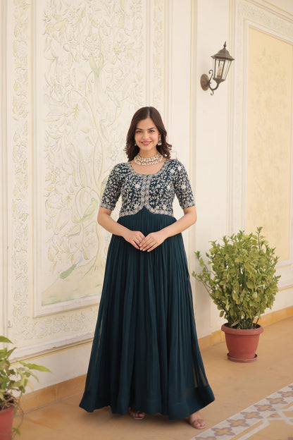 Designer Embroidered Gown for Women | Zari & Sequins Work (TEAL BLUE)
