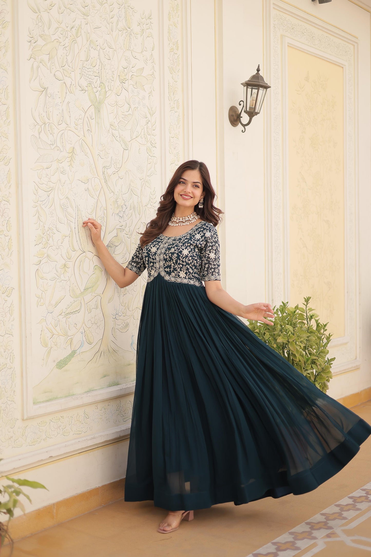 Designer Embroidered Gown for Women | Zari & Sequins Work (TEAL BLUE)