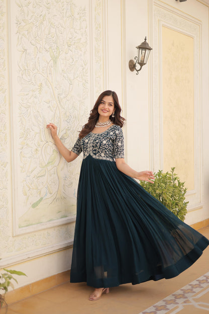 Designer Embroidered Gown for Women | Zari & Sequins Work (TEAL BLUE)