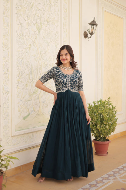 Designer Embroidered Gown for Women | Zari & Sequins Work (TEAL BLUE)