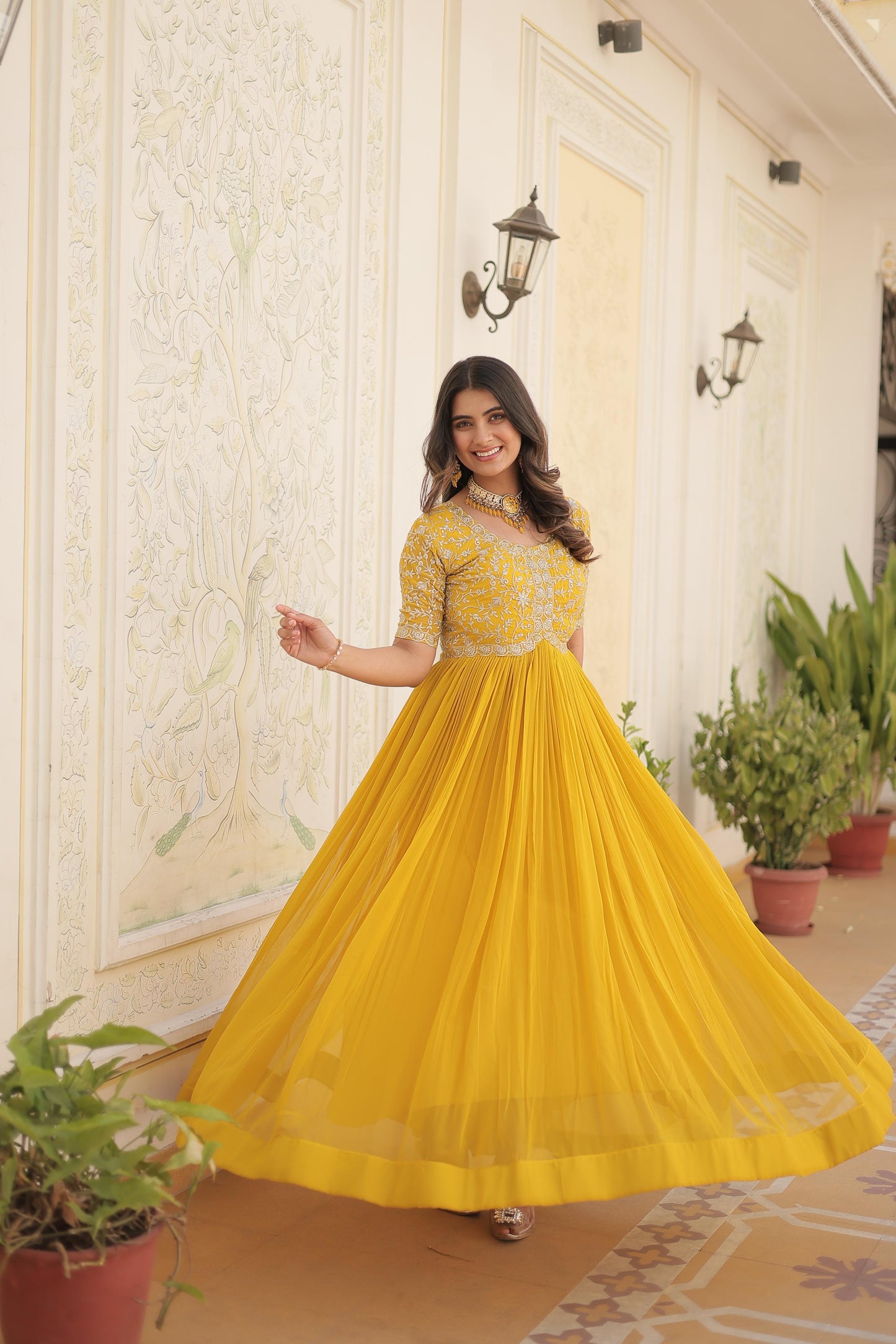 Designer Embroidered Gown for Women | Zari & Sequins Work (Yellow)