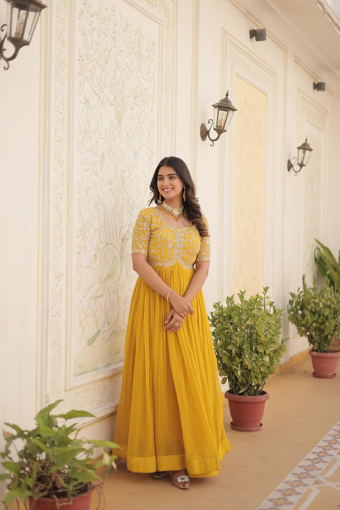 Designer Embroidered Gown for Women | Zari & Sequins Work (Yellow)