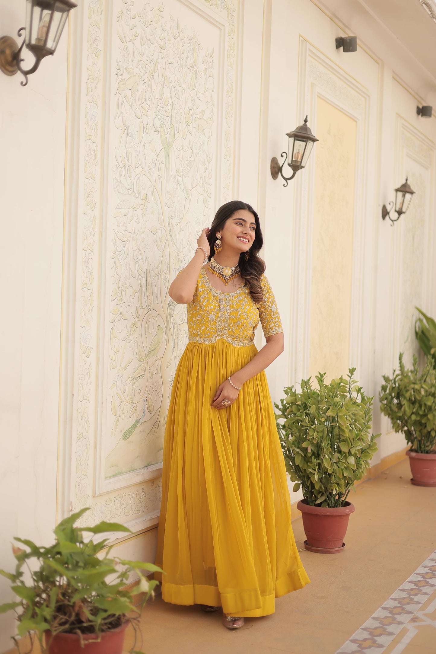 Designer Embroidered Gown for Women | Zari & Sequins Work (Yellow)