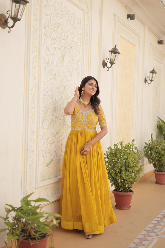 Designer Embroidered Gown for Women | Zari & Sequins Work (Yellow)