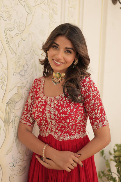 Designer Embroidered Gown for Women | Zari & Sequins Work (RED)