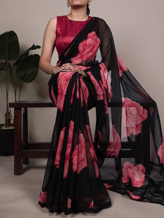 Chiffon Floral Print Saree with Lace Border | Unstitched Blouse
