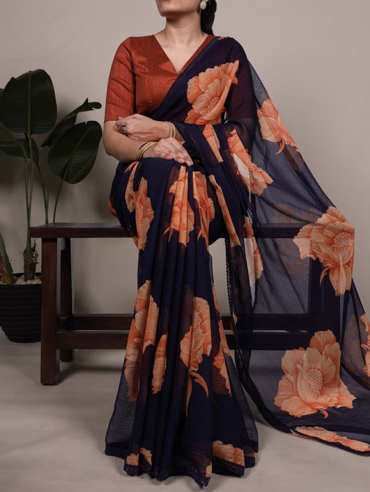 Chiffon Floral Print Saree with Lace Border | Unstitched Blouse
