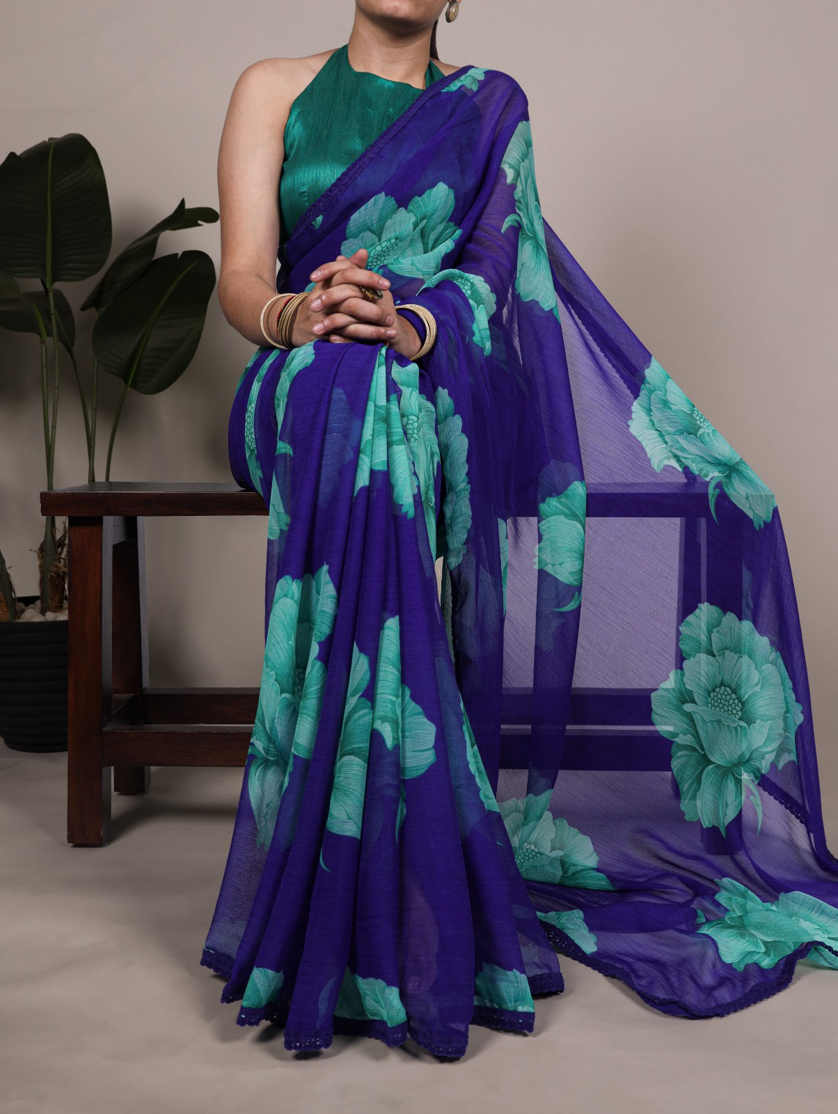 Chiffon Floral Print Saree with Lace Border | Unstitched Blouse