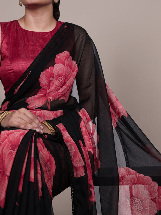 Chiffon Floral Print Saree with Lace Border | Unstitched Blouse