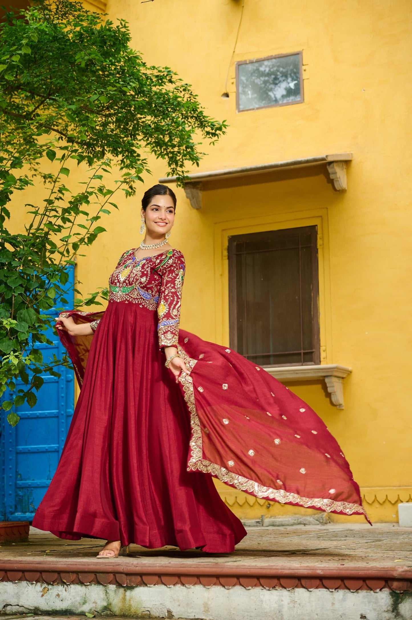Premium Vichitra Fabric Gown with Dupatta