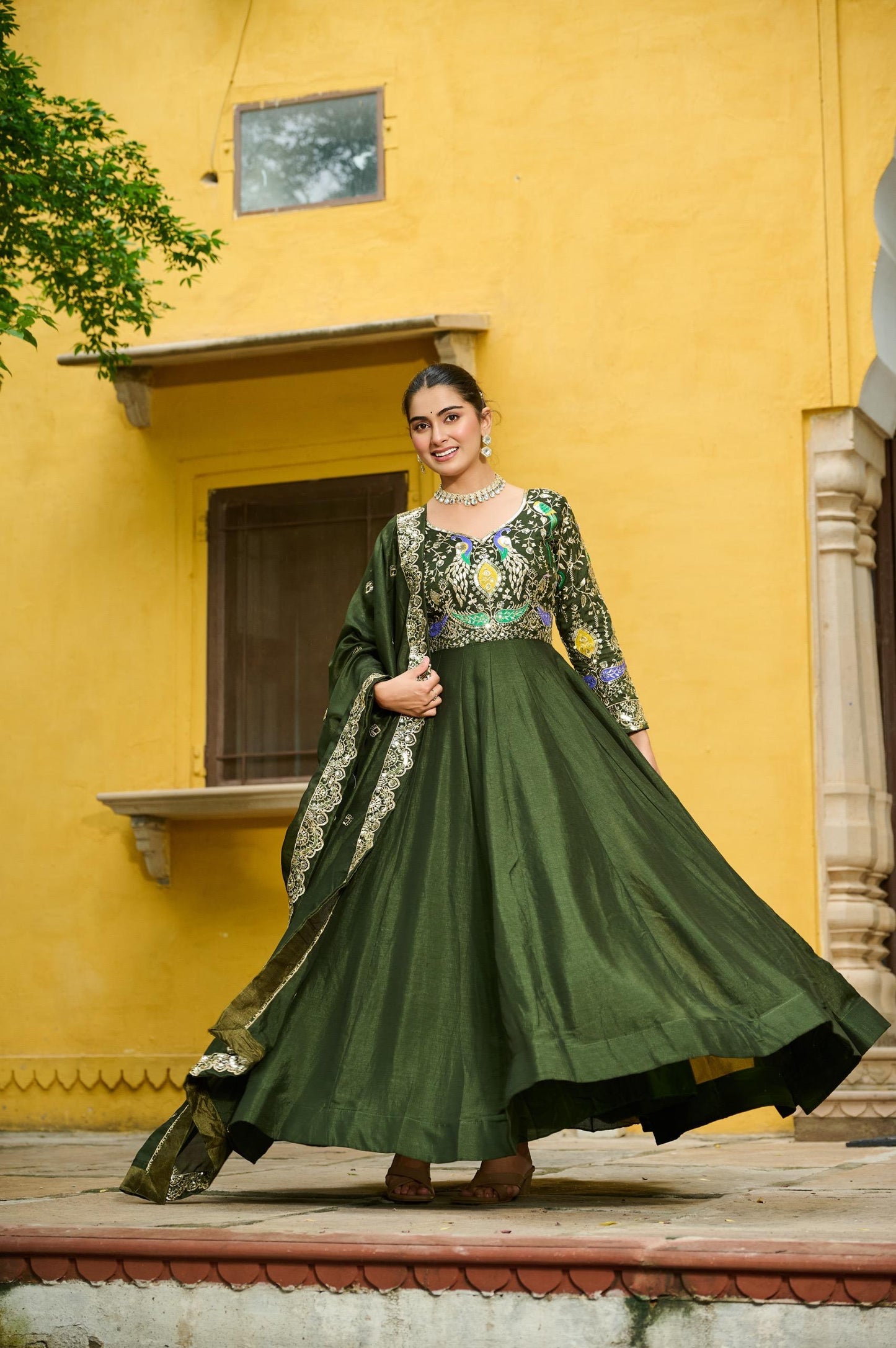 Premium Vichitra Fabric Gown with Dupatta