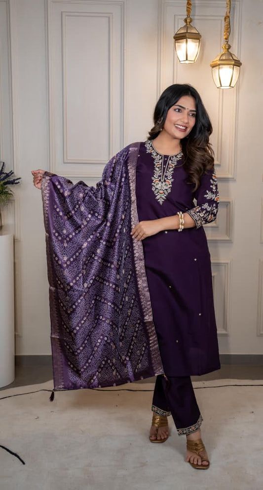 Dark Purple Roman Silk Kurti Pant Dupatta Set