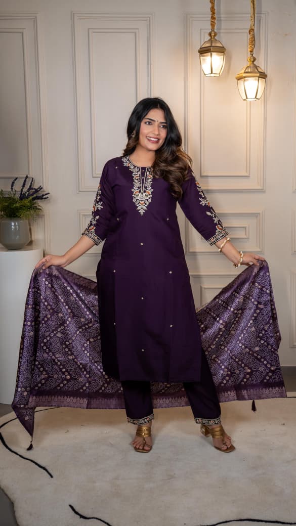 Dark Purple Roman Silk Kurti Pant Dupatta Set