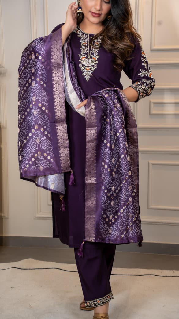 Dark Purple Roman Silk Kurti Pant Dupatta Set