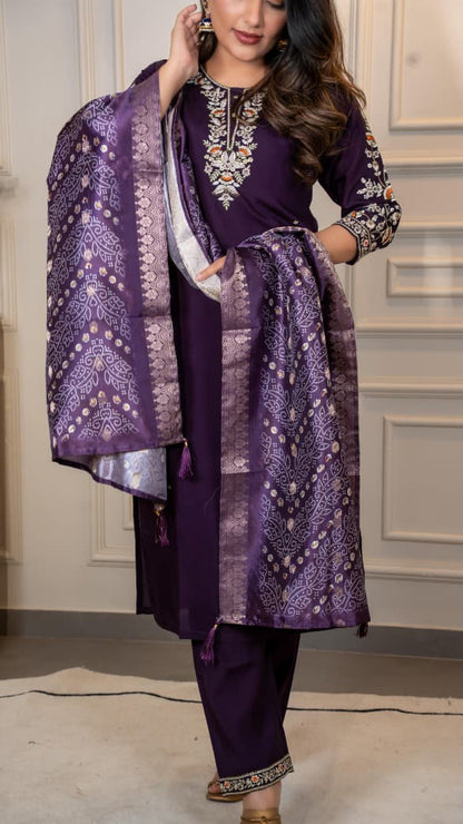 Dark Purple Roman Silk Kurti Pant Dupatta Set