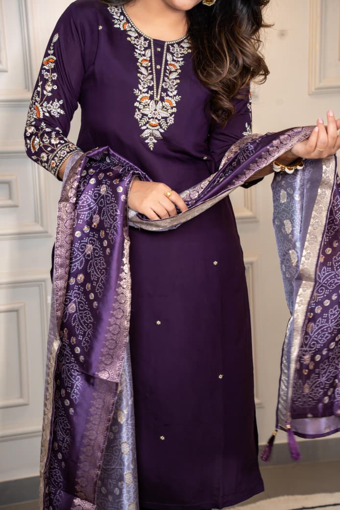 Dark Purple Roman Silk Kurti Pant Dupatta Set