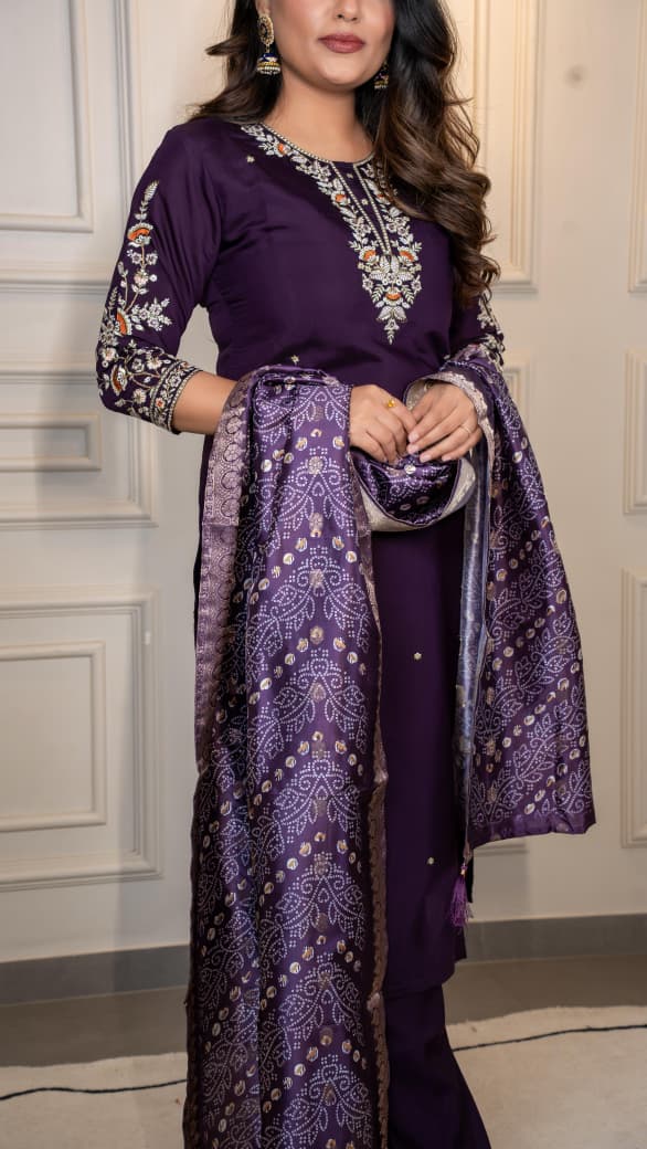 Dark Purple Roman Silk Kurti Pant Dupatta Set