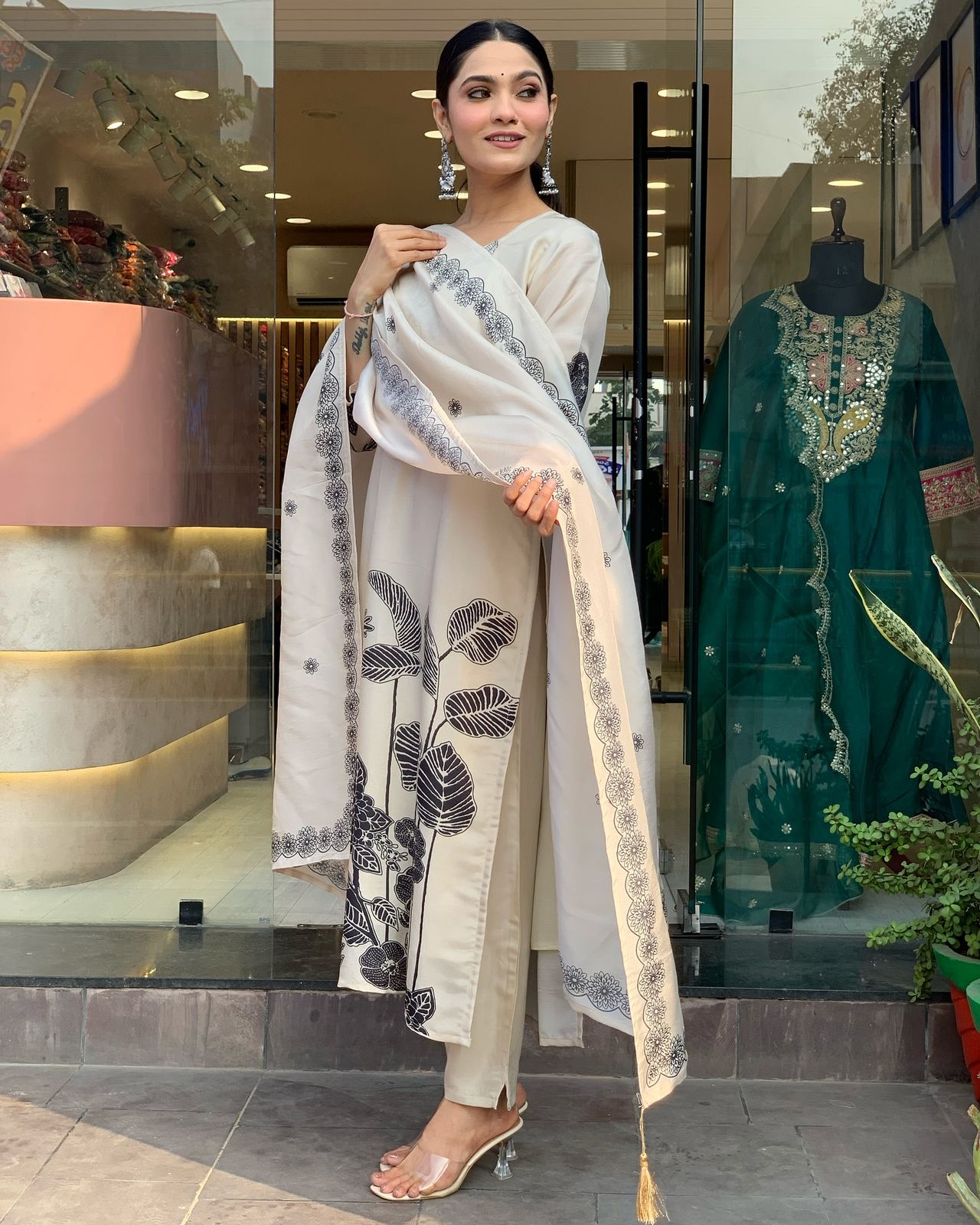 Chinon Silk Printed Party Wear 3-Piece Set | Kurti Pant Dupatta