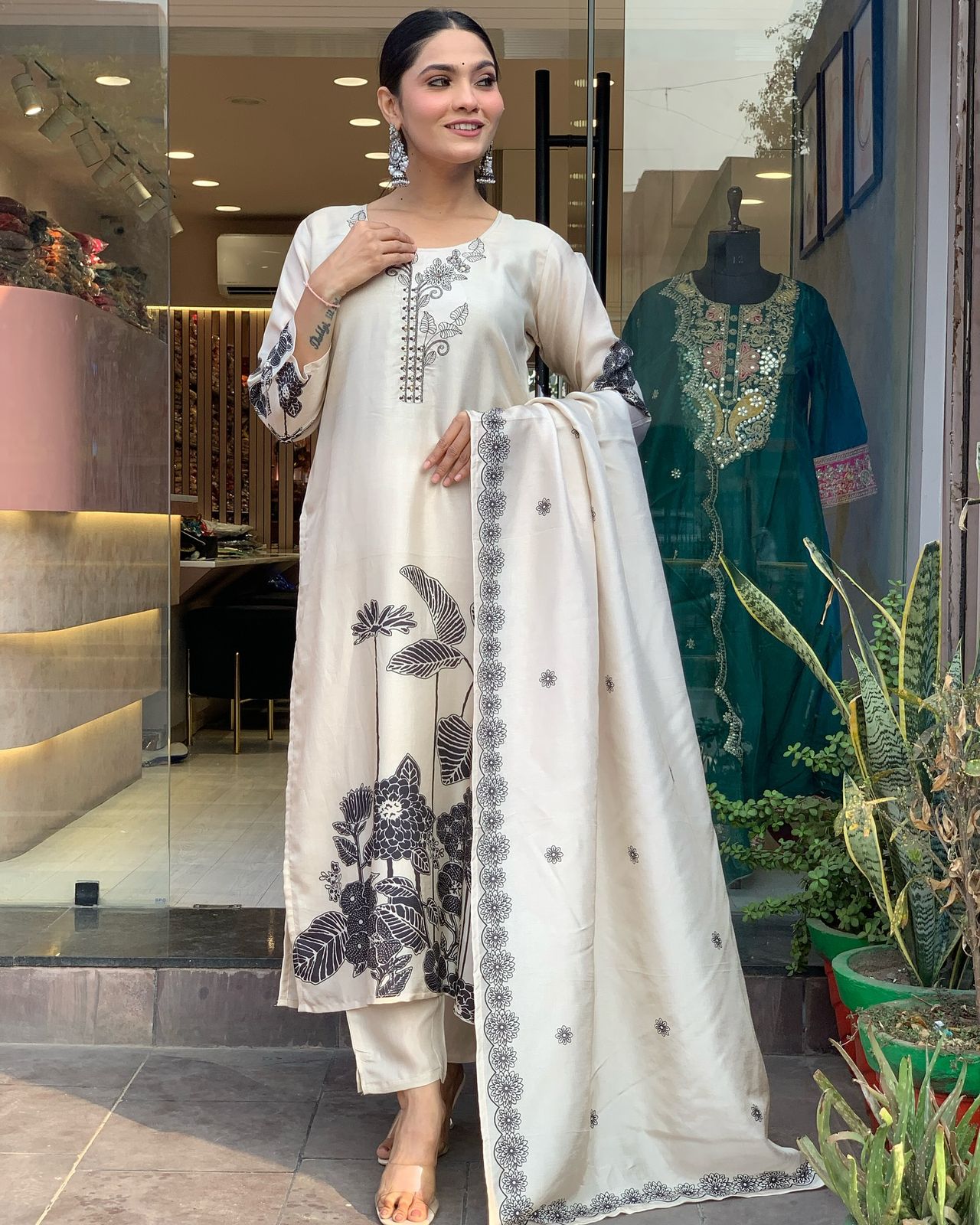 Chinon Silk Printed Party Wear 3-Piece Set | Kurti Pant Dupatta