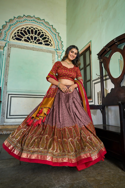 Tasar Silk Lehenga Choli Set with Kashmiri & Foil Print | Festive & Wedding Collection