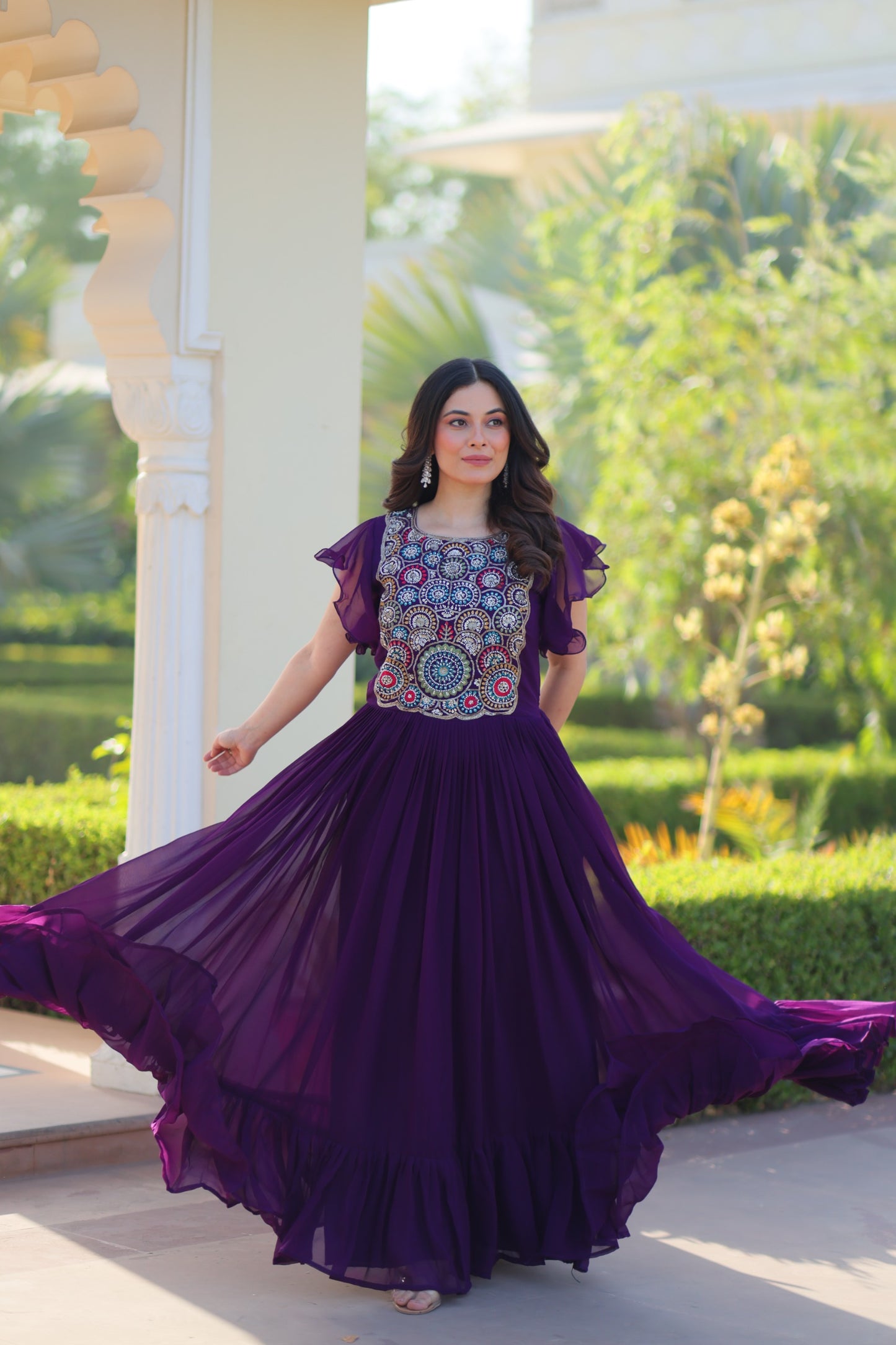 Premium Faux Blooming Designer Gown with Beads & Sequins Embroidery | Bell Sleeve Party Wear